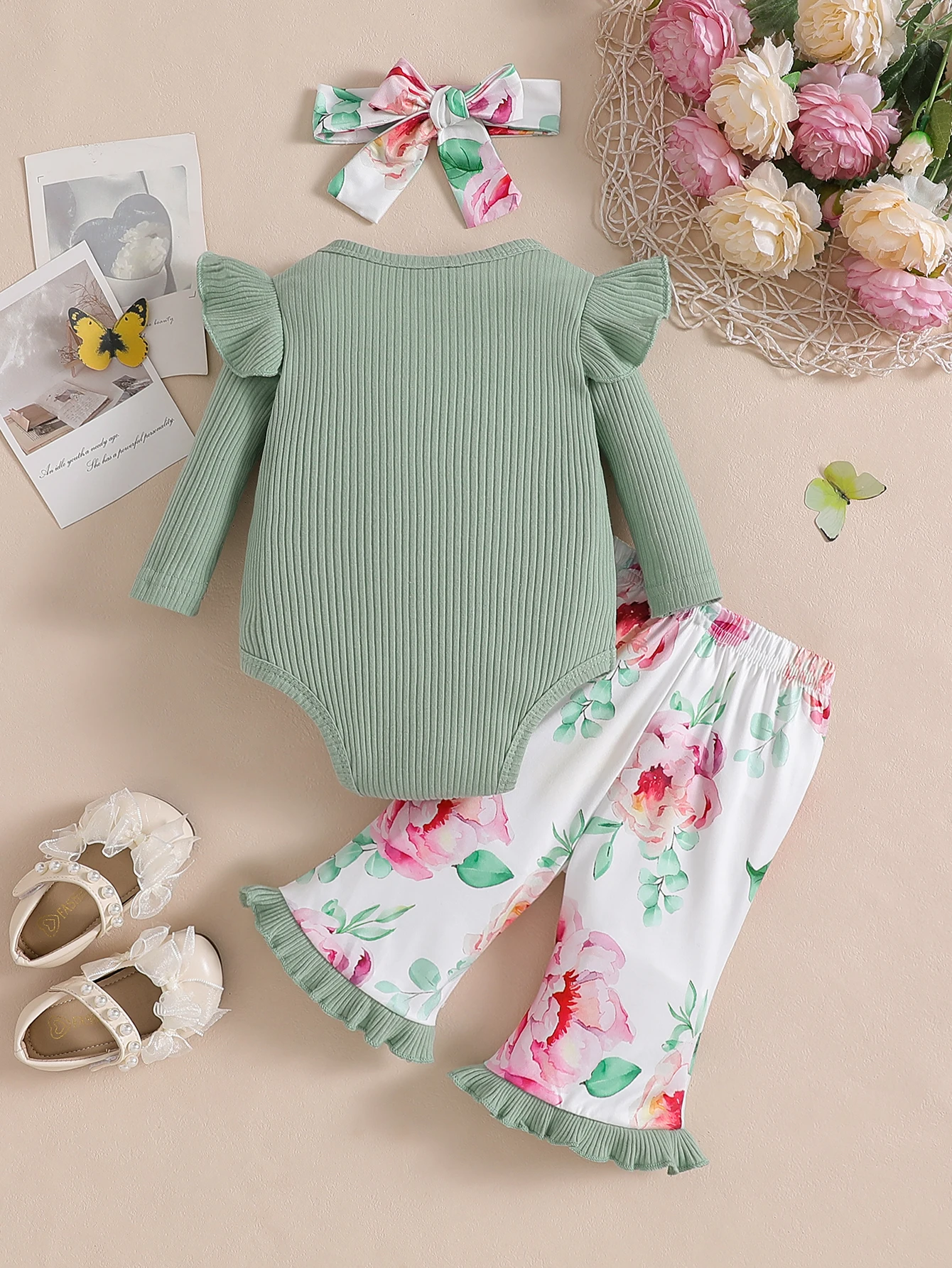Baby Girl 3Pcs Set Green Letter Print Long Sleeve Romper Floral Ruffle Bow Flare Pants Headband Spring Summer Casual Outfit