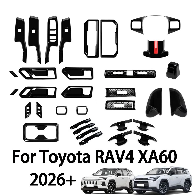 For Toyota RAV4 2026 LHD Black Interior Trim Kit Steering Wheel Overlay Gear Shift Cover AC Vent Strips Door Handle Frame Set