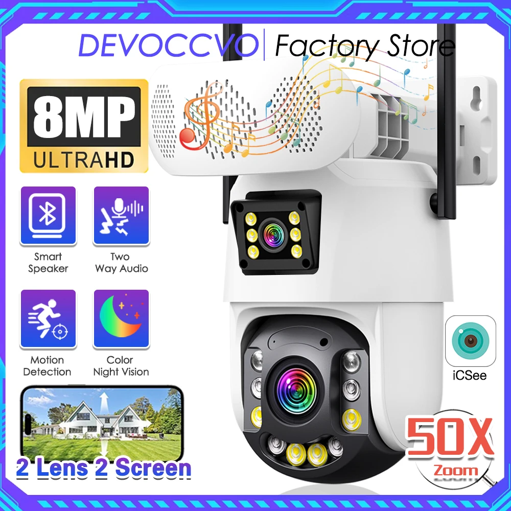 8MP Bluetooth Speaker Wifi PTZ Camera 50X Optical Zoom Outdoor Wireless Cctv Security Color Night Vision IP Camera ICsee Xmeye