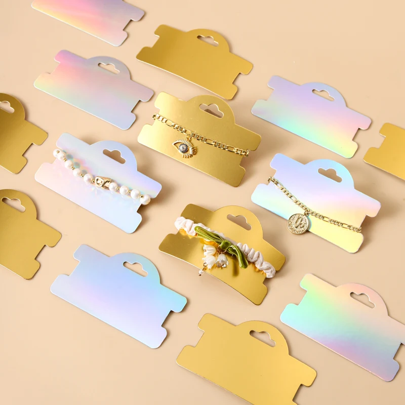 

50 Pcs Holographic Sliver Bracelet Keychain Packaging Card Hair Band Hairtie Holding Card Jewelry Gift Cards for Small Business