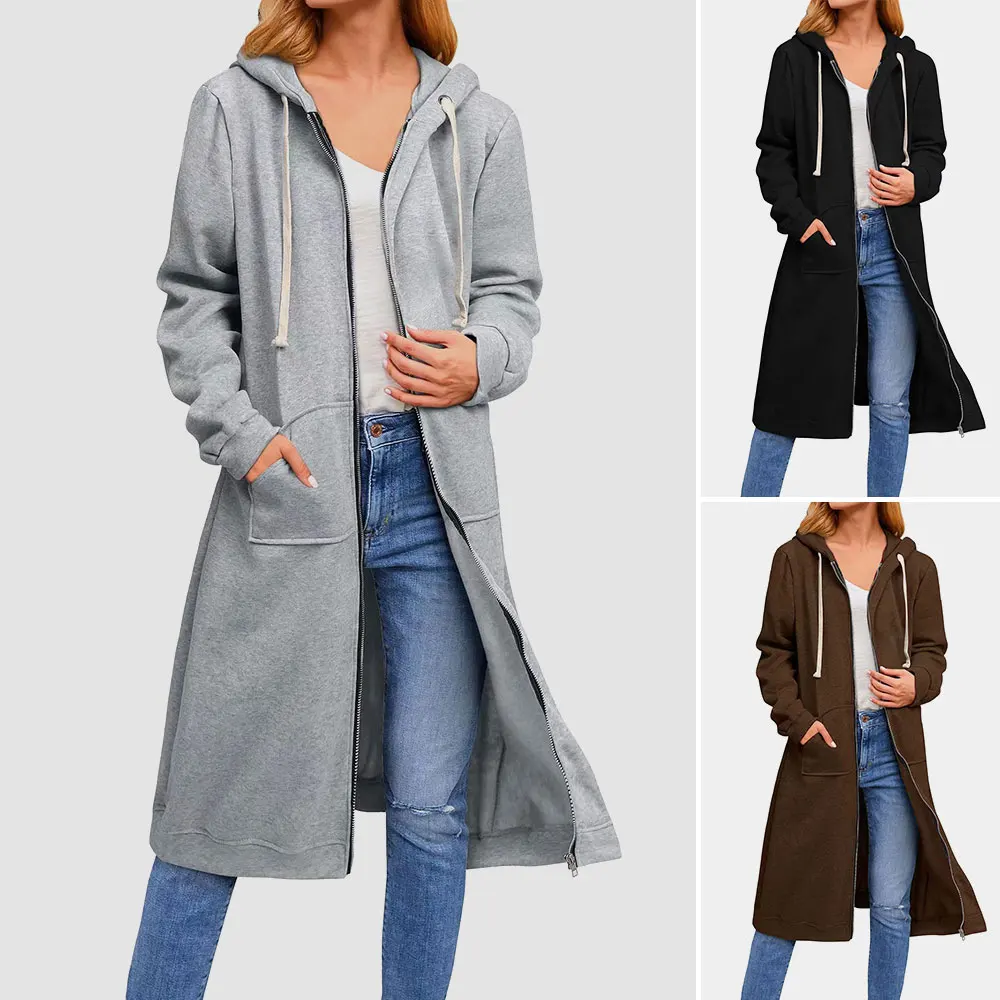 

Женский повседневный плащ на молнии с длинным рукавом, однотонная длинная базовая осенняя верхняя одежда на шнурке