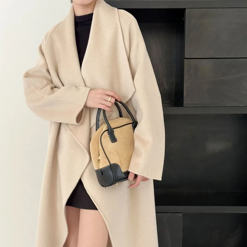 2026 New Water Ripple Double-sided Woolen Coat Wool Loose Lace-up Long Coat Women's Autumn and Winter Lace Up Lapel Cashmere