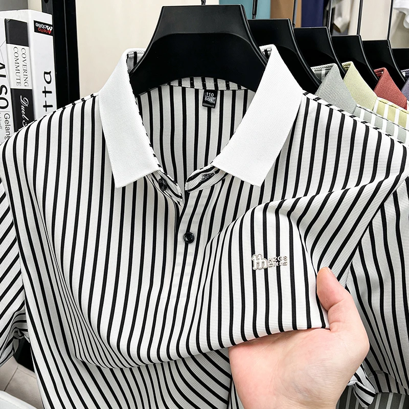 Short Sleeved T-shirt Men's Summer Striped Lapel Polo Shirt Cool Middle-aged Dad Outfit Top Versatile
