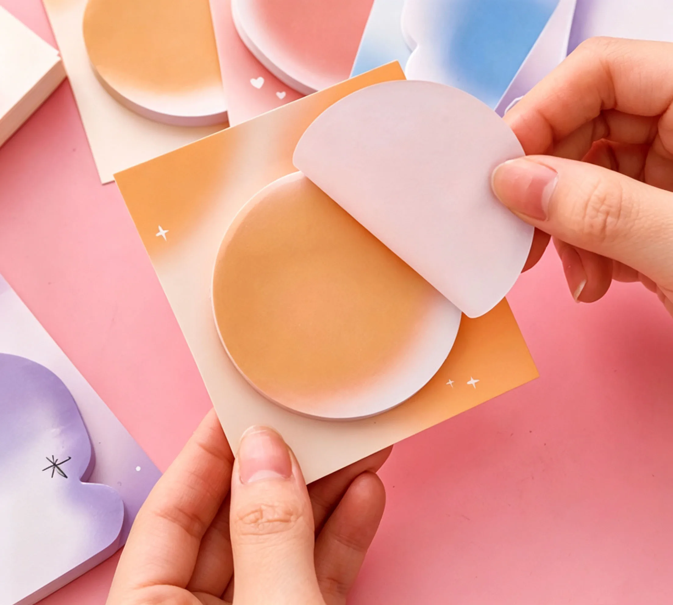 4Pcs Cute Gradient Shape Sticky Notes Self‑adhesive Memo Pad Heart Butterfly Flower Round Notepad Journal School Office