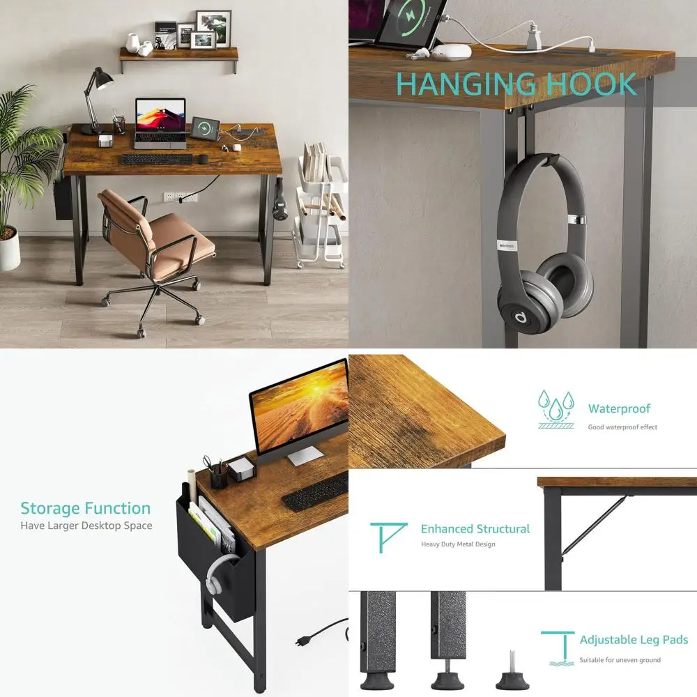 

40 inch Computer Desk with Power Outlet, 39 inch Teen Study Table Home Office Work Writing Desk with Charging Station Outlets Bu