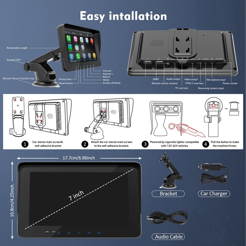 Wireless Carplay Android Auto, Portable Touch Screen Automatic Multimedia Player, Car Stereo With Mirror Link/Bluetooth Durable