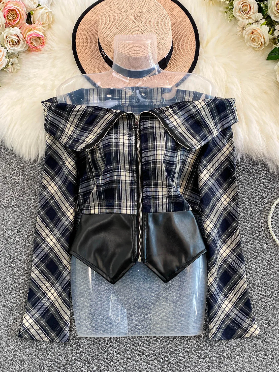 Slimming PU Leather Plaid Collar Zipper Fem Jaet Street Sle Faionable Outerwear Long Sve Regular Fit Young Women