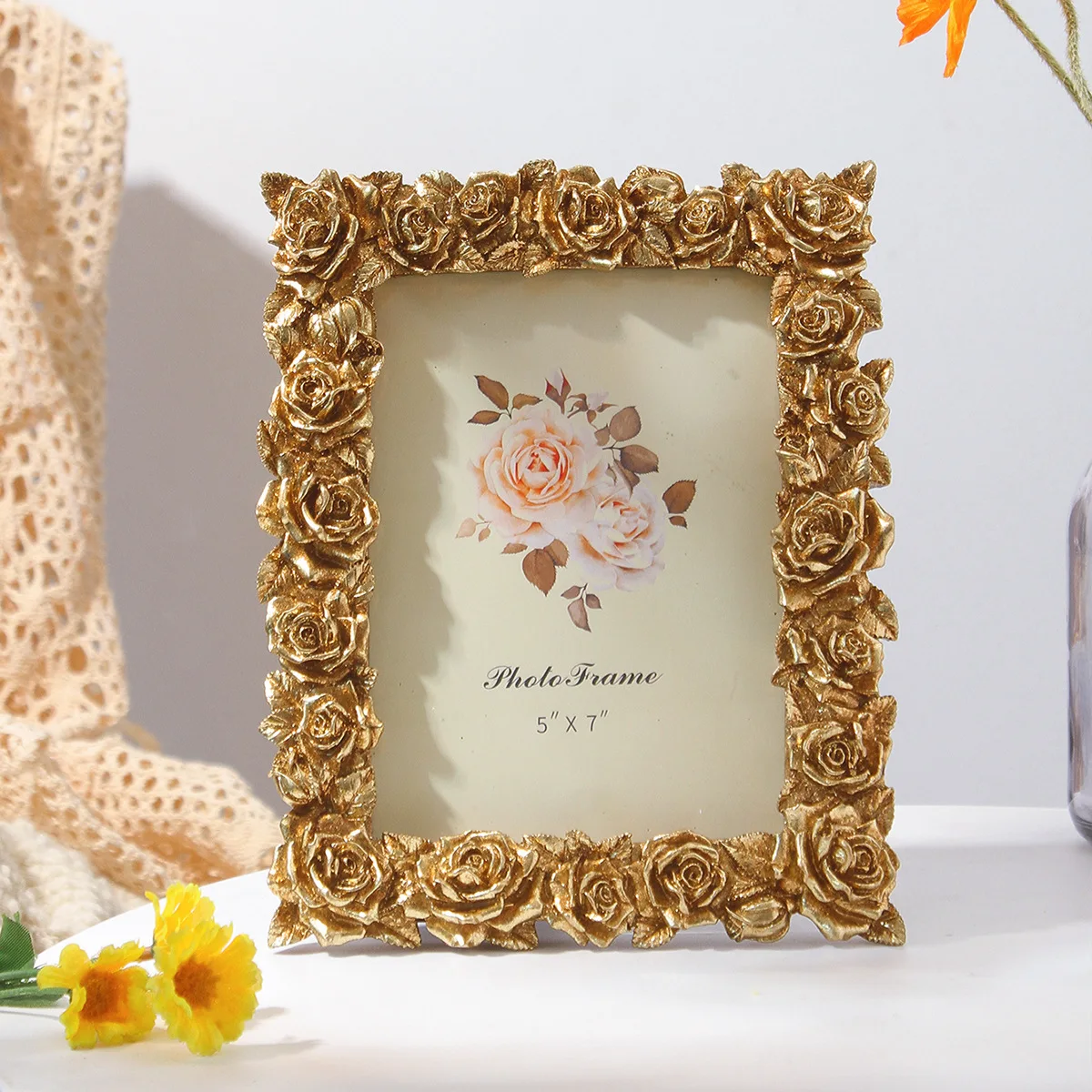Desktop Photo Frame - 5/6/7 Inch Rose Pattern Decorative Picture Frame | Tabletop Display Stand | Modern Retro Home Decor