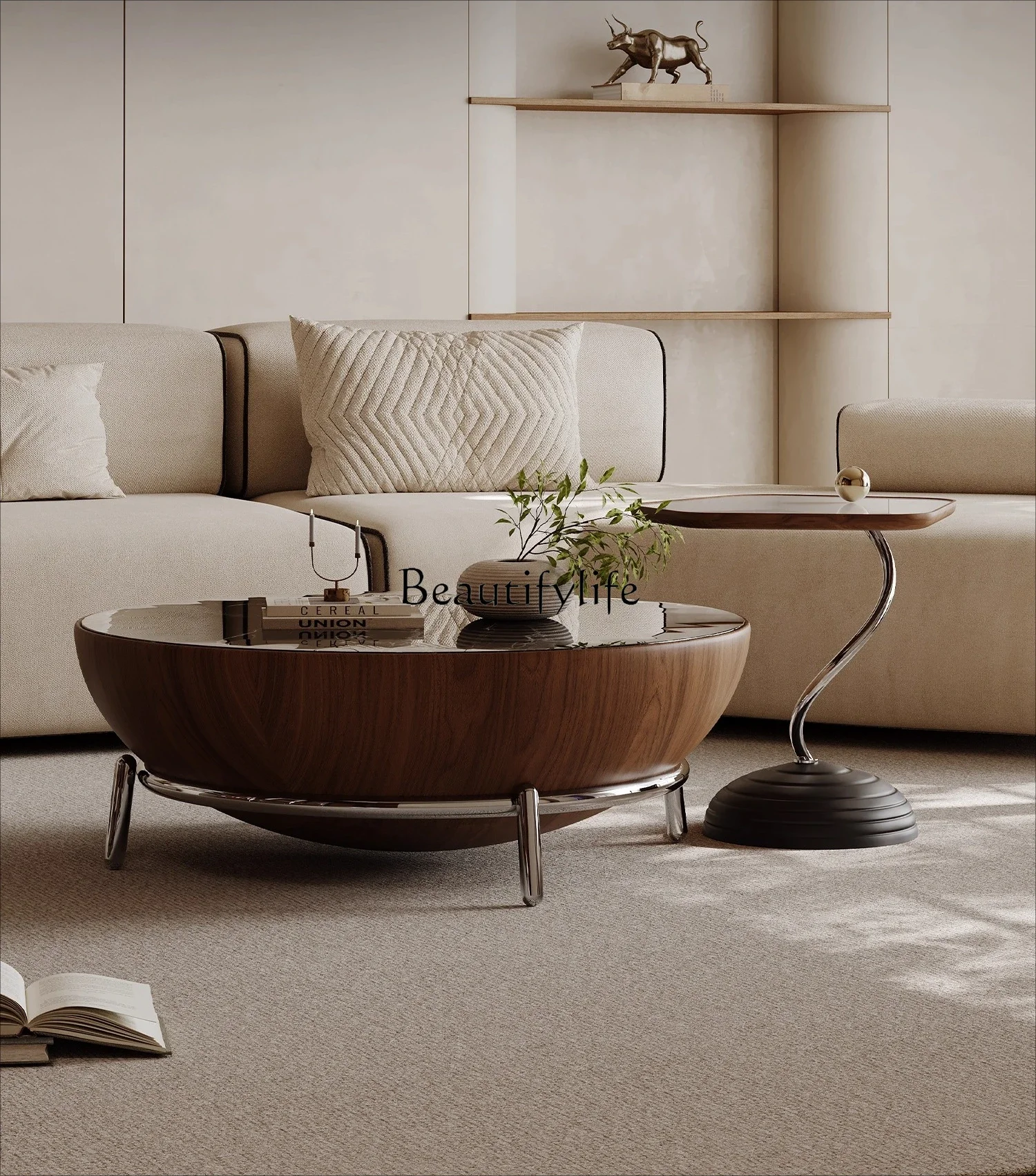 

02 Italian Minimalist Marble Coffee Table Set Round Rock Plate Light Luxury High-end Feel