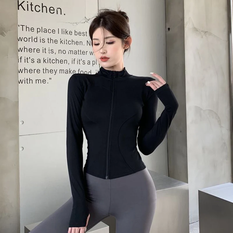 2026 Herbst Slim Fit Langarm-T-Shirt für Damen mit Reißverschluss, Taillenbetontes Yoga-T-Shirt, Eng Anliegendes UV-Schutz Crop-Top – Detail 11