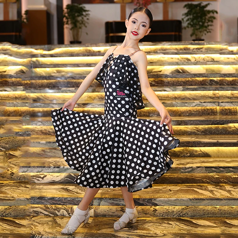 

Kids Girls Ballroom Dance Dress Polka Dot Black Dress Waltz Dance Practice Performance Clothes Prom Competition Dress DNV20856