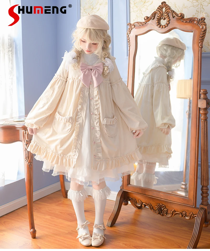 Original Lolita Cloak Type Woolen Coat Autumn and Winter Women\'s Cute Girl All-Matching Solid Color Doll Collar Mid-length Coats