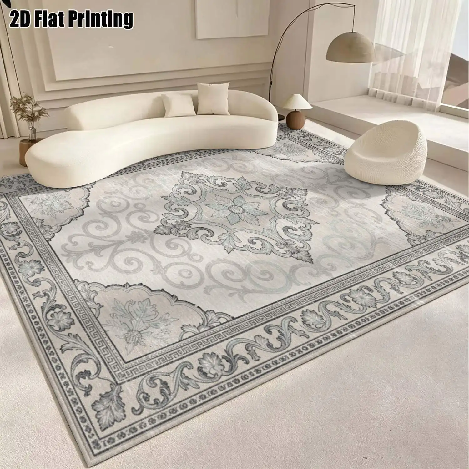 1Pc 2D Printed Carpet: Blue-Grey Floral Scroll, Vintage European Geometric, Home Decor, Multi-Size, Machine Washable, for Living Room, Bedroom, Dining Room, Entrance, Study