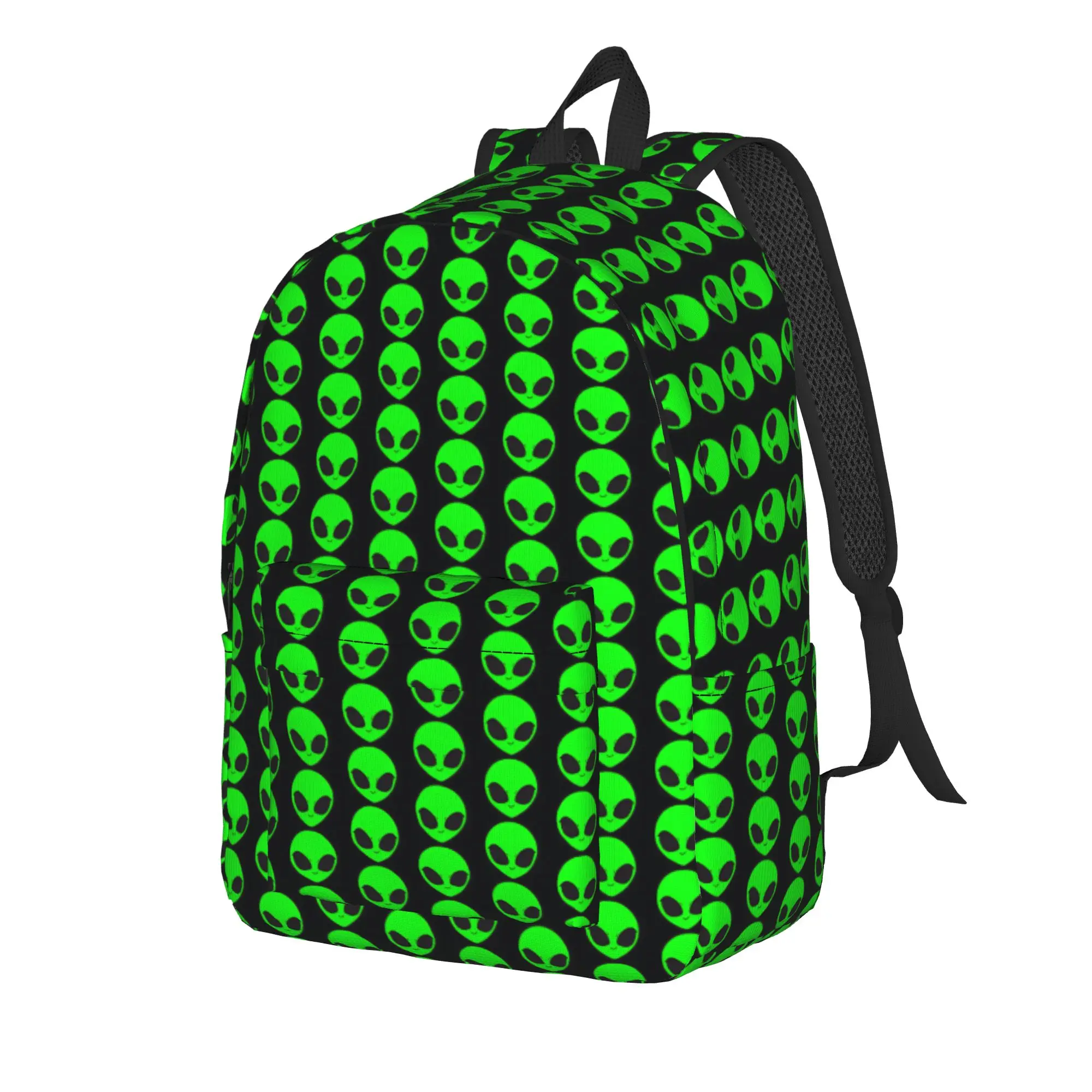 Neon Green Smiling Alien Head Black Background Graphic Backpack  Girl Polyester Trekking Backpacks Durable Fun High School Bags