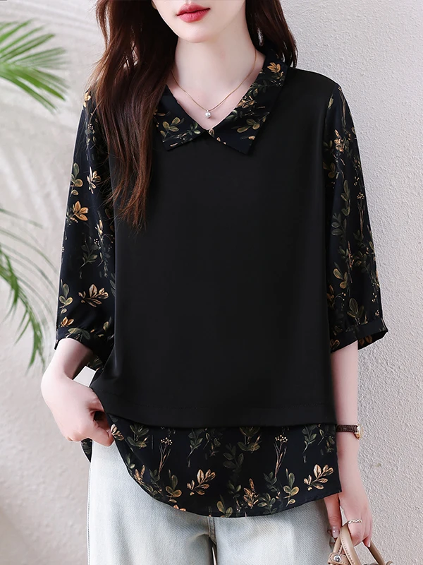 

Fashionable Ice Silk Short Sleeve Shirt Women's Loose Slimming Casual Style V-Neck Top Age-Defying Mommy Wear Summer 2026