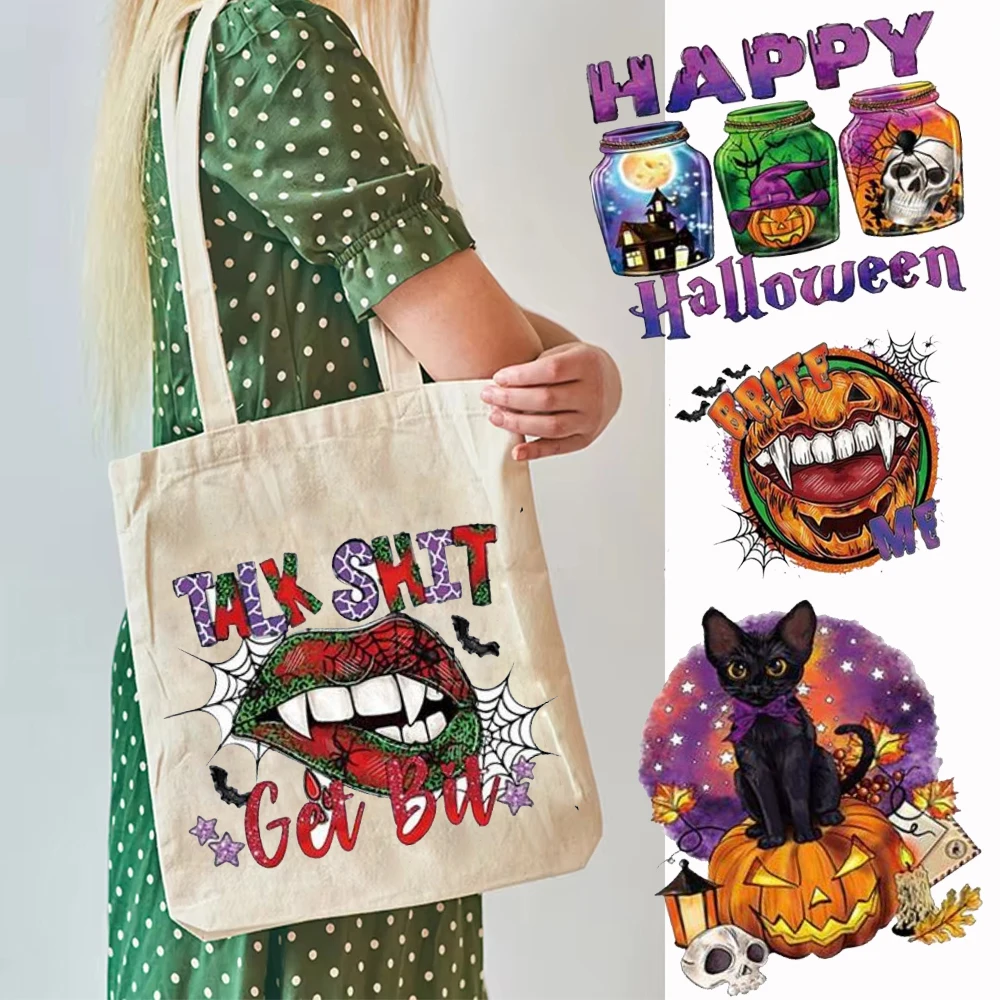 Halloween Canvas Tote Bags Trick or Treat Tote Candy Bag Reusable Cotton Handbag Grocery Bags for Halloween Party Favor Gift Bag