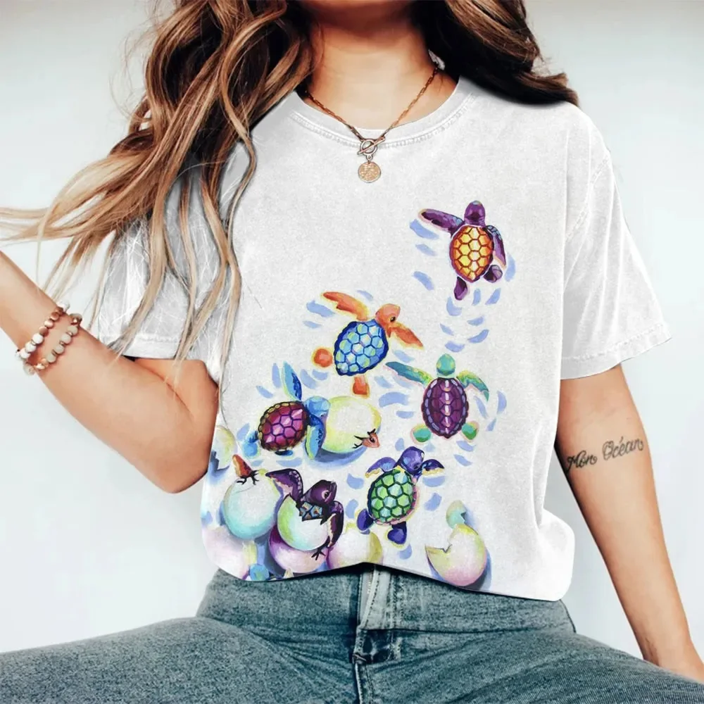 Ombre Sea Turtle Watercolor Painting Print Crew Neck T-shirt Summer Women's T Shirts