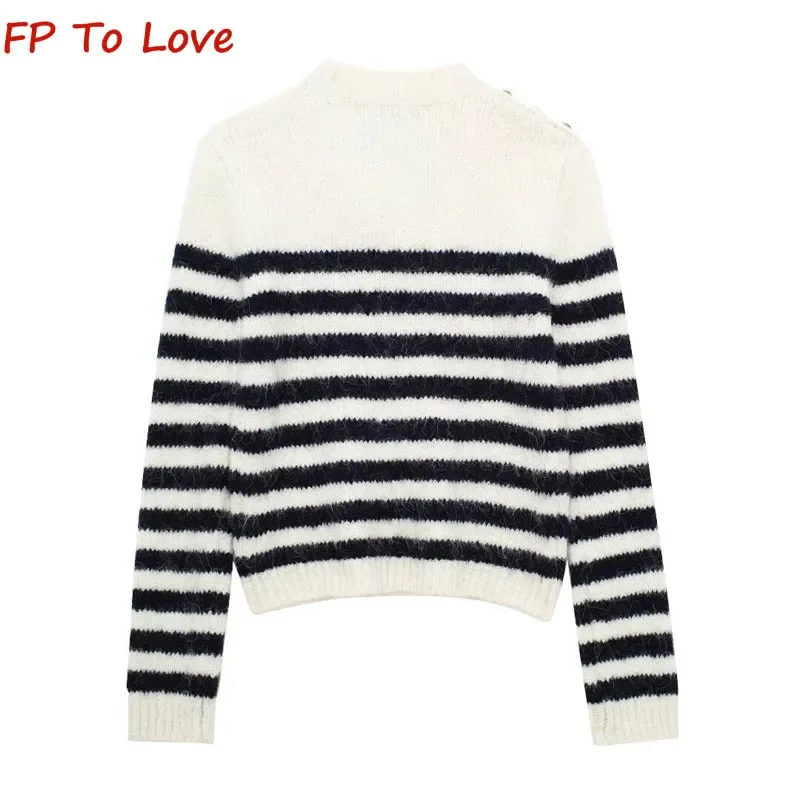 PB&ZA Woman Autumn Winter Street Fashion Ribbed Decoration Black White Striped Knit Sweater Round Neck Top Women 9598014