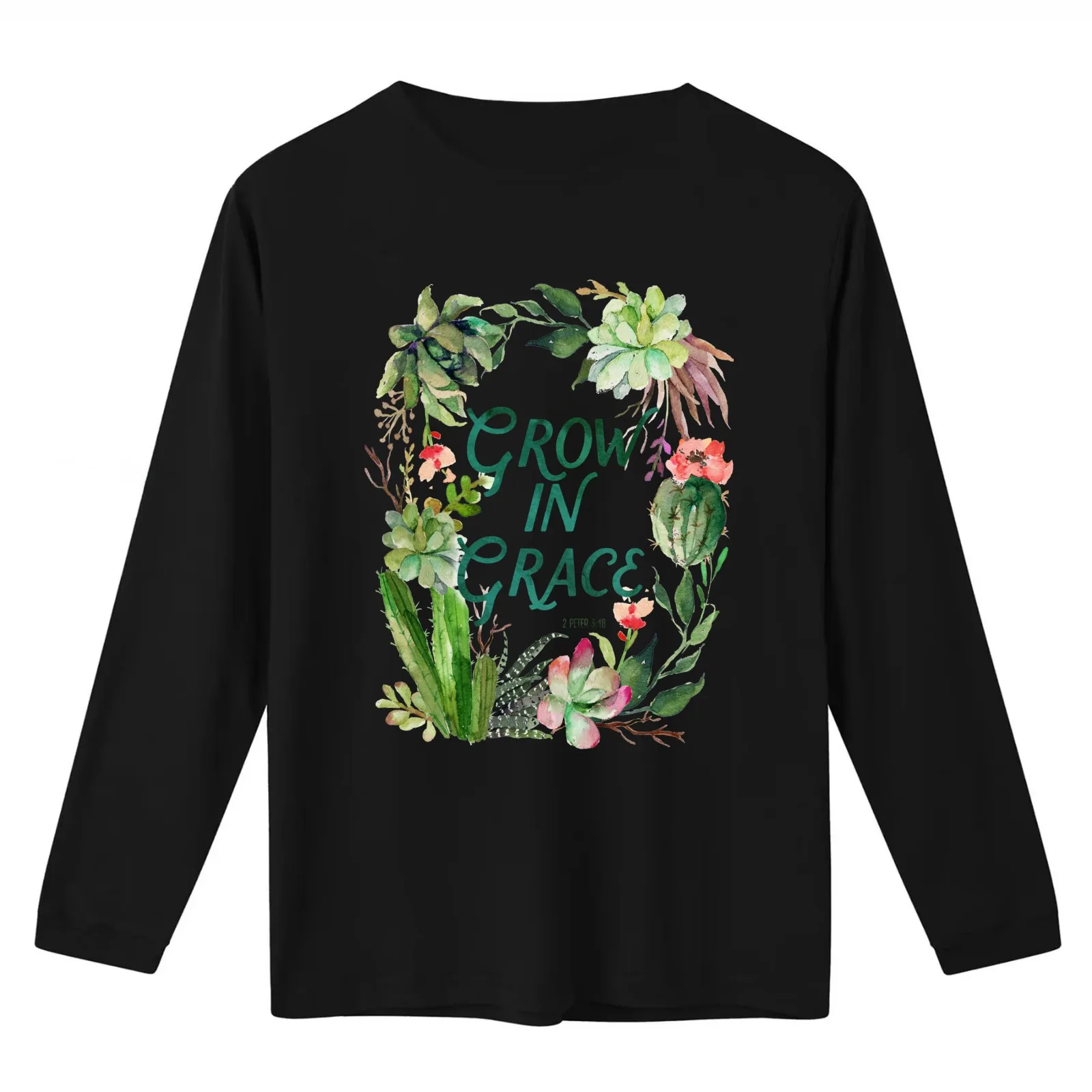 Grow in Grace watercolor plants plant lady cactus scripture painted cactus succulent grace grow T-Shirt 100% Cotton
