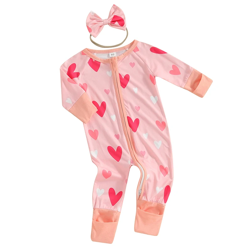 

Baby Girl Fall Outfit Long Sleeve Heart Print Jumpsuit with Bowknot Headband Baby Clothes for Valentine’s Day