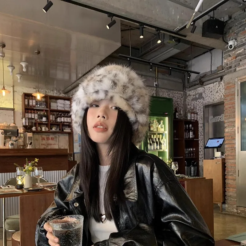 Faux Fur Leopard Bucket Hat for Women Winter Warm Hats Men Fisherman Cap Luxury Ear Protection Plush Panama for Girls