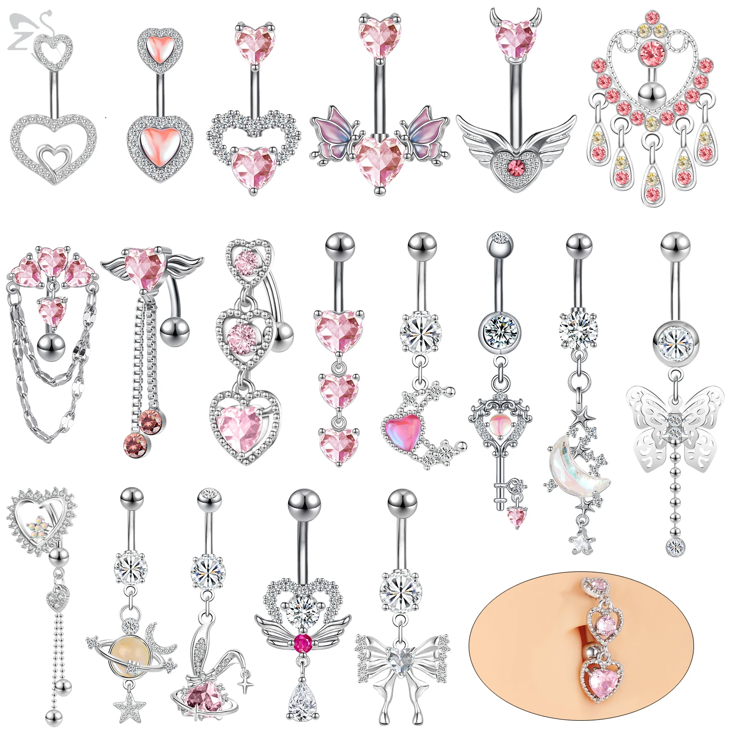 Zs 1Pc 14G Roze Kristallen Hanger Navel Ring Voor Vrouwen Rvs Navel Piercings Maan Hart Vlinder Buik Ring