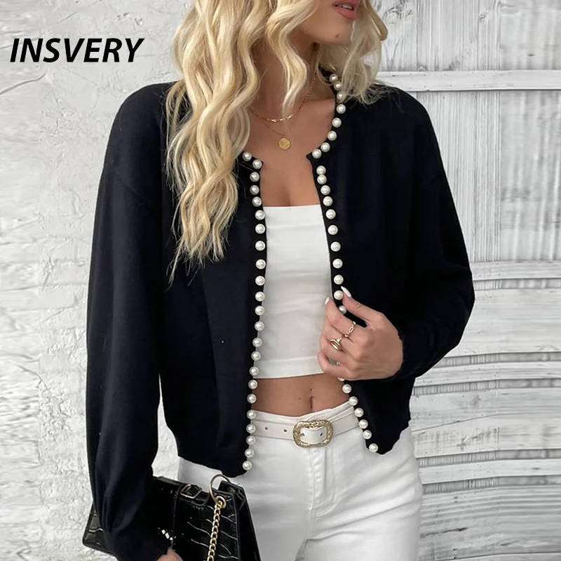 Women Casual Cardigan Sweater Elegant Long Sleeve Knit Sweater With Pearls Elegant White Sweater Coat Jacket