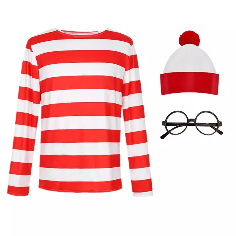 Parent-child Cartoon Where is Wally Waldo Costume Waldo Book Week Cosplay Outfit Stripe Long Sleeve Shirt Hat Glasses Adult kids