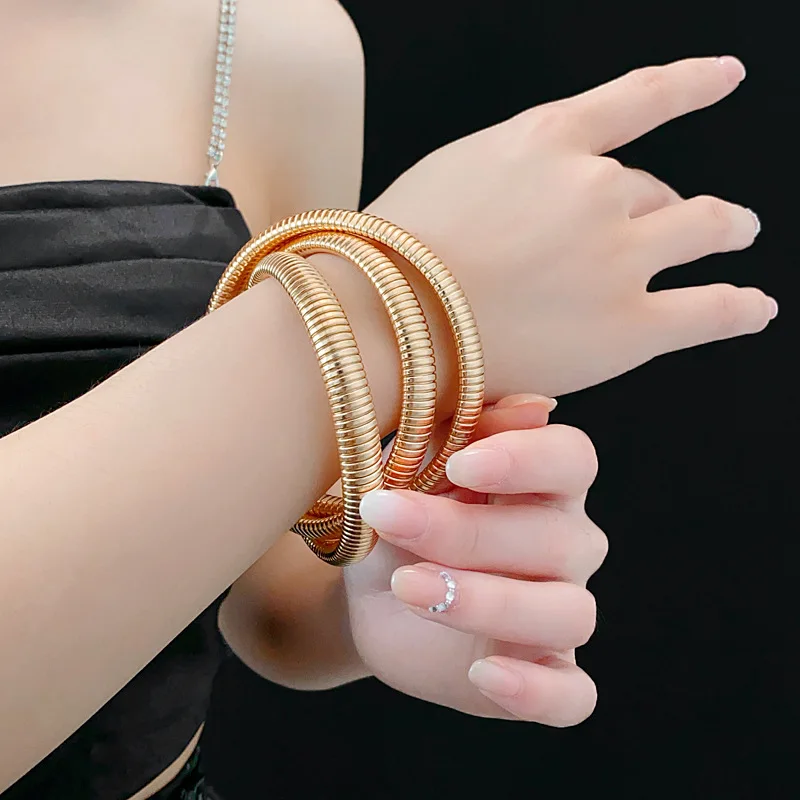 Multi Layer Wide Edge Elastic Metal Bangles for Women European and American Exaggerated Retro Bracelet Simple Wedding Jewelry
