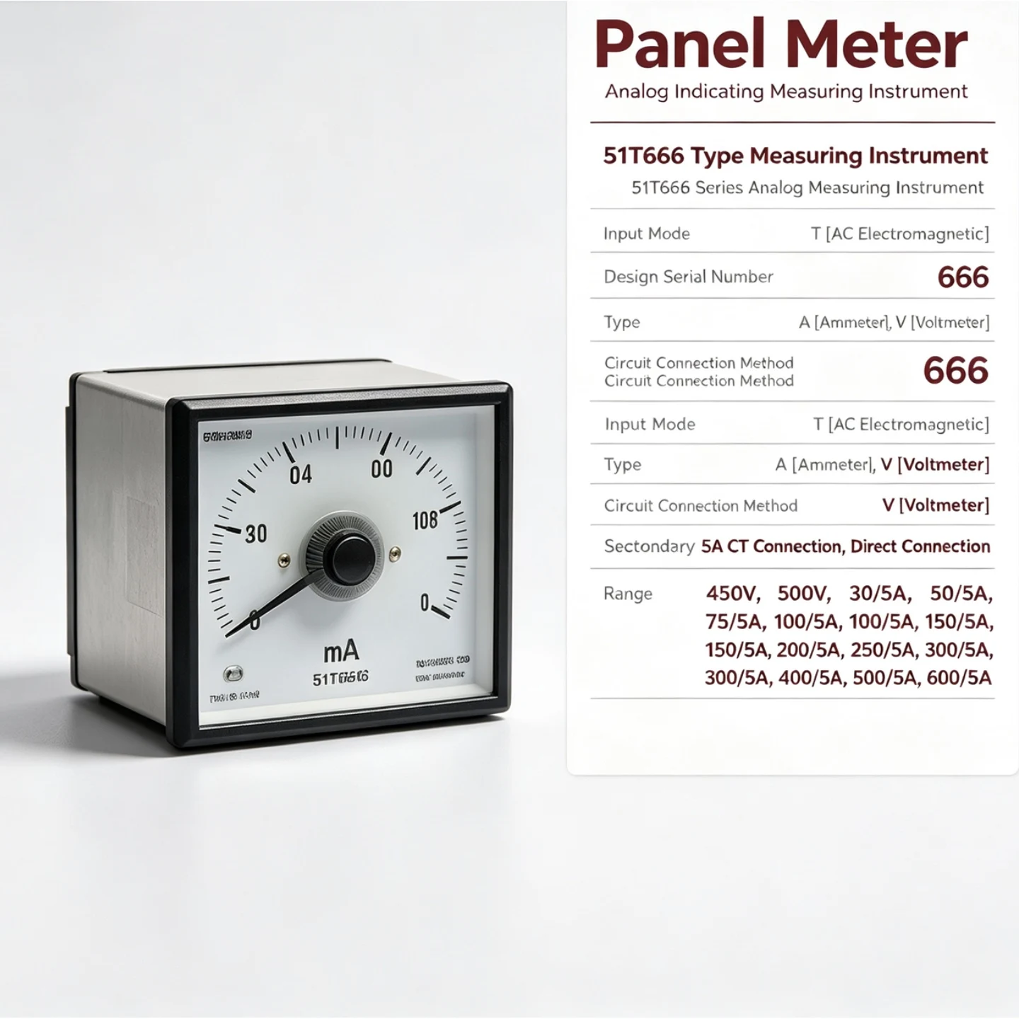 51t666 Series Analog Panel Meter Ac Ammeter Voltmeter 450V 500V 30/5A-600/5A Ct Direct Connection for Switchgear Distribution Panel