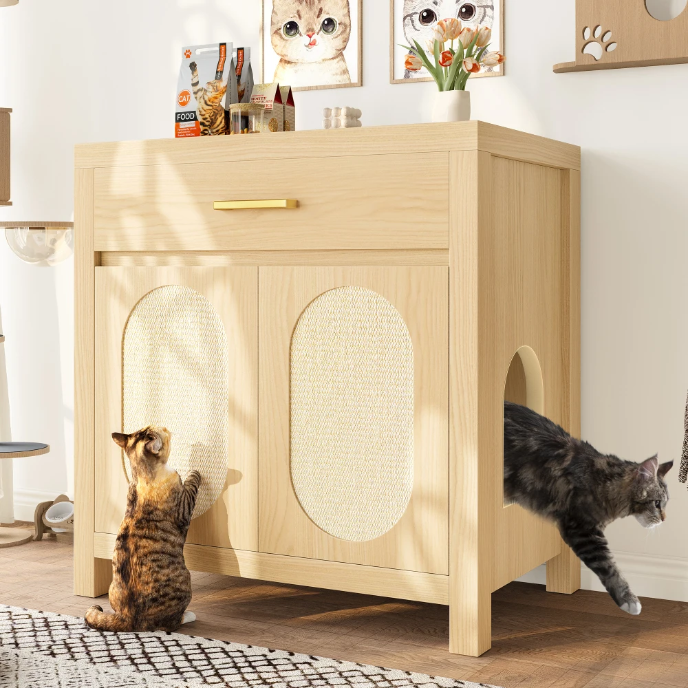 Cat Litter Box Enclosure, Hidden Cat Litter Box Furniture with Scratching Board Doors and Storage Drawer, Wooden Washroom Cat