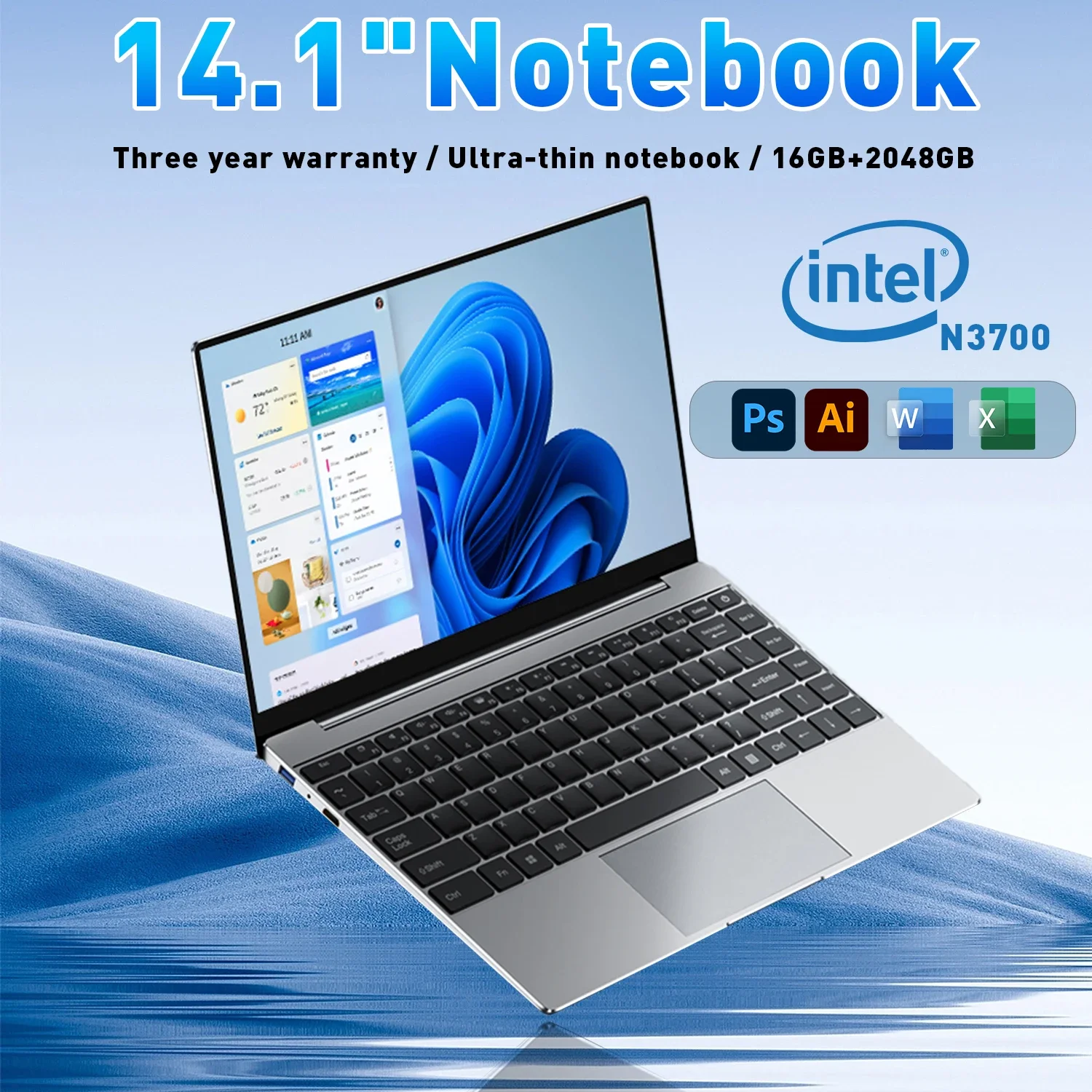Intel Pentium N3700 Laptop Windows 11 14.1INCH Computer 16GB RAM 512GB SSD Notebook PC Portable Laptops Office Study