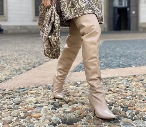 สุภาพสตรีสีขาว Apricot สีแดงหนังนุ่ม Pointed Toe Spike Heels กว่าเข่าบู๊ทส์ฤดูหนาวผู้หญิงรองเท้าส้นสูงรองเท้าบูทยาวขนาด 44