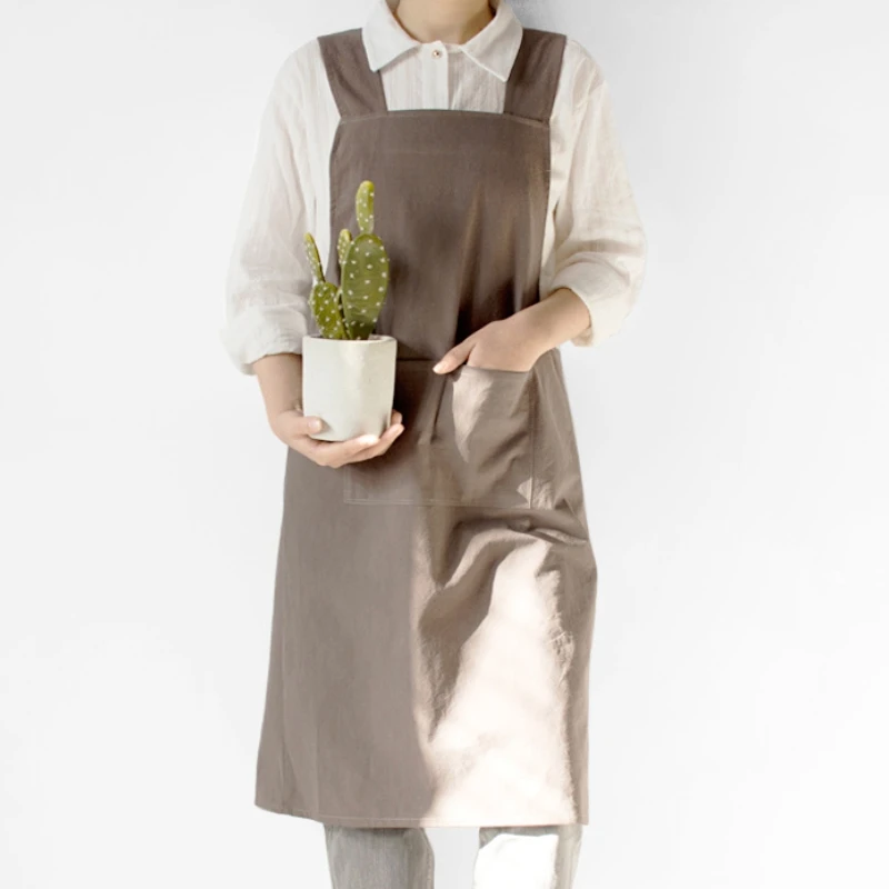 Simple Japanese Solid Color Cotton Linen Apron Cross Wide Strap Peplum Apron for Floral Art, Baking, Painting, Milk Tea House