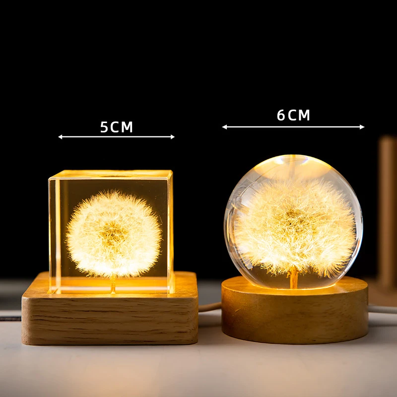 3D Dandelion Crystal Ball 5cm 6cm Luminous Immortality Flower Gift Crystal Ball Wood Stand Base Preserved Flower Sphere Ball