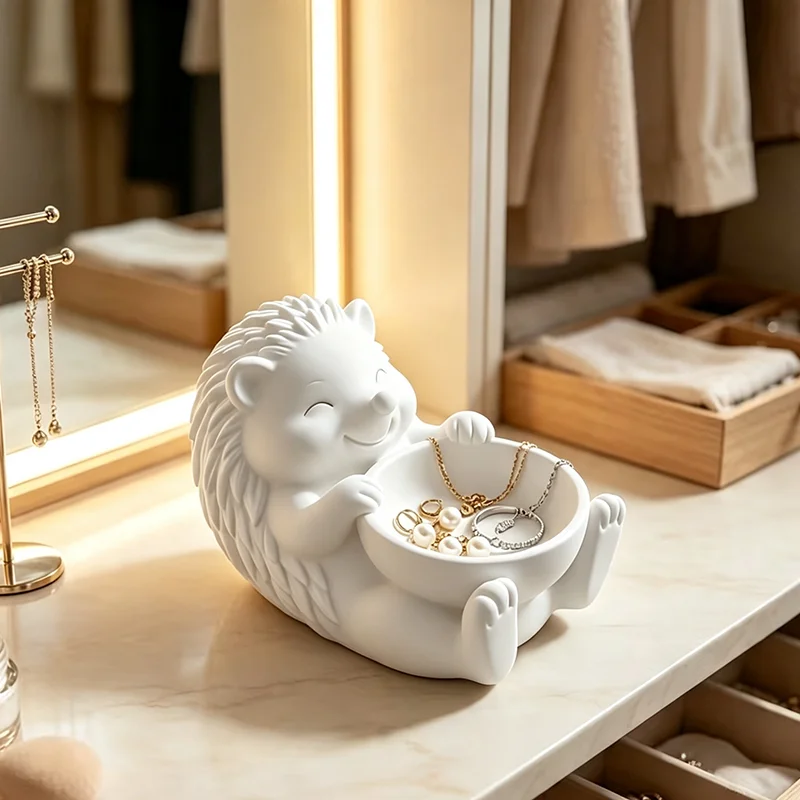 Cute 3D Printed Hedgehog Trinket Dish Statue Animal Jewelry Storage Holder Ring Necklace Organizer Tray Vanity Table Decor