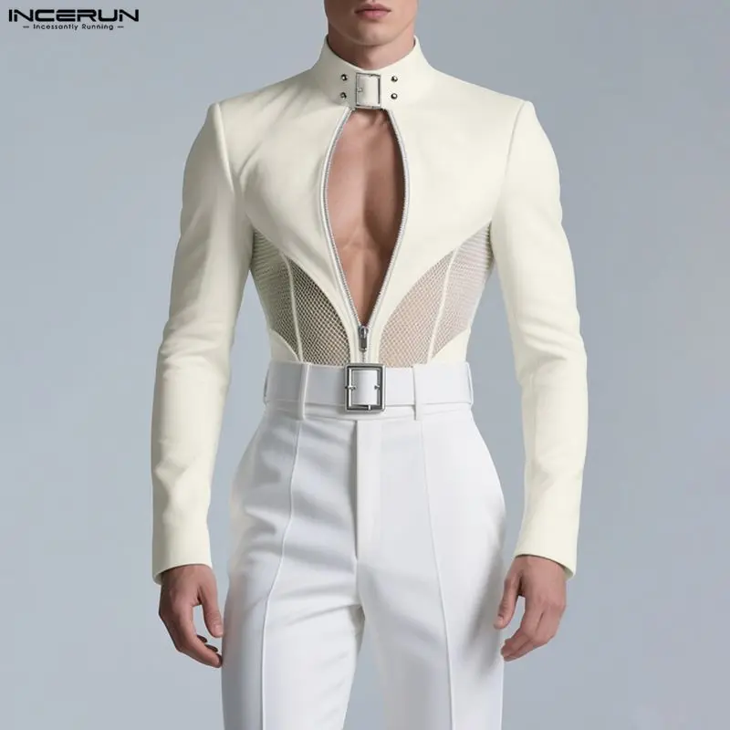 

INCERUN Men Jackets Mesh Patchwork See Through Stand Collar Long Sleeve Male Coats Streetwear Zipper Fashion Casual Outerwear