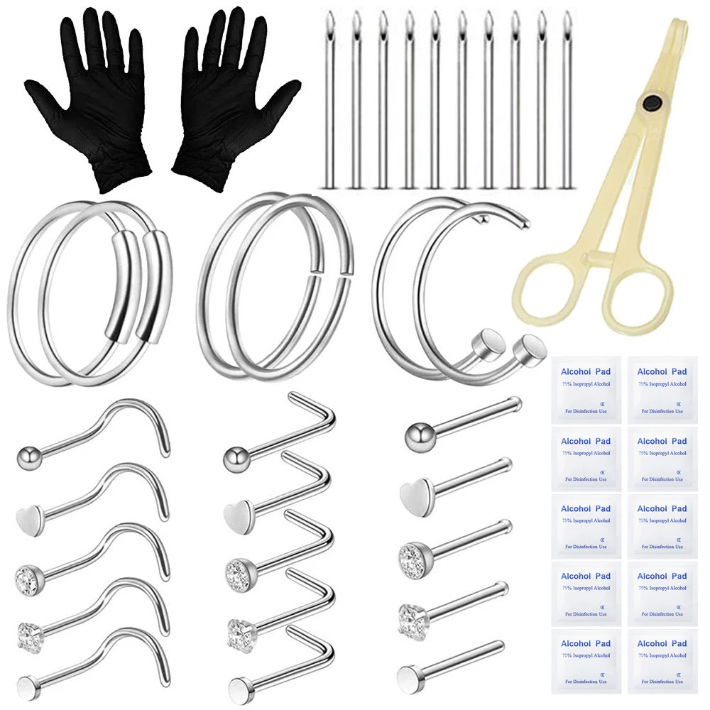 44Pcs Professional Includes Jewelry Piercing Needles 18G 20G Piercing Clamps Nose Ring Studs Hoop for Body Piercing Supplies