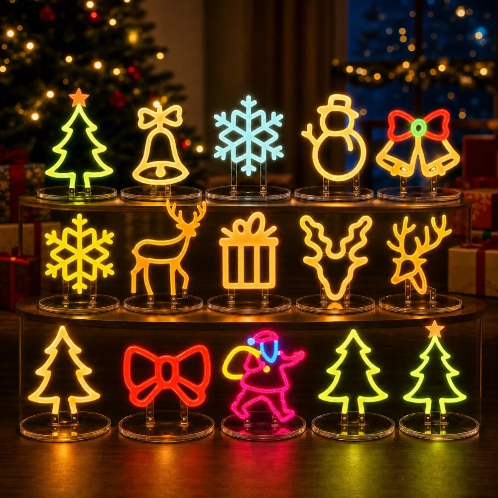 3V Christmas LED Neon Lamp Multi-Pattern Santa Snowflake Tree Neon Sign Xmas Home Table Decor Holiday Party Night Light Gift