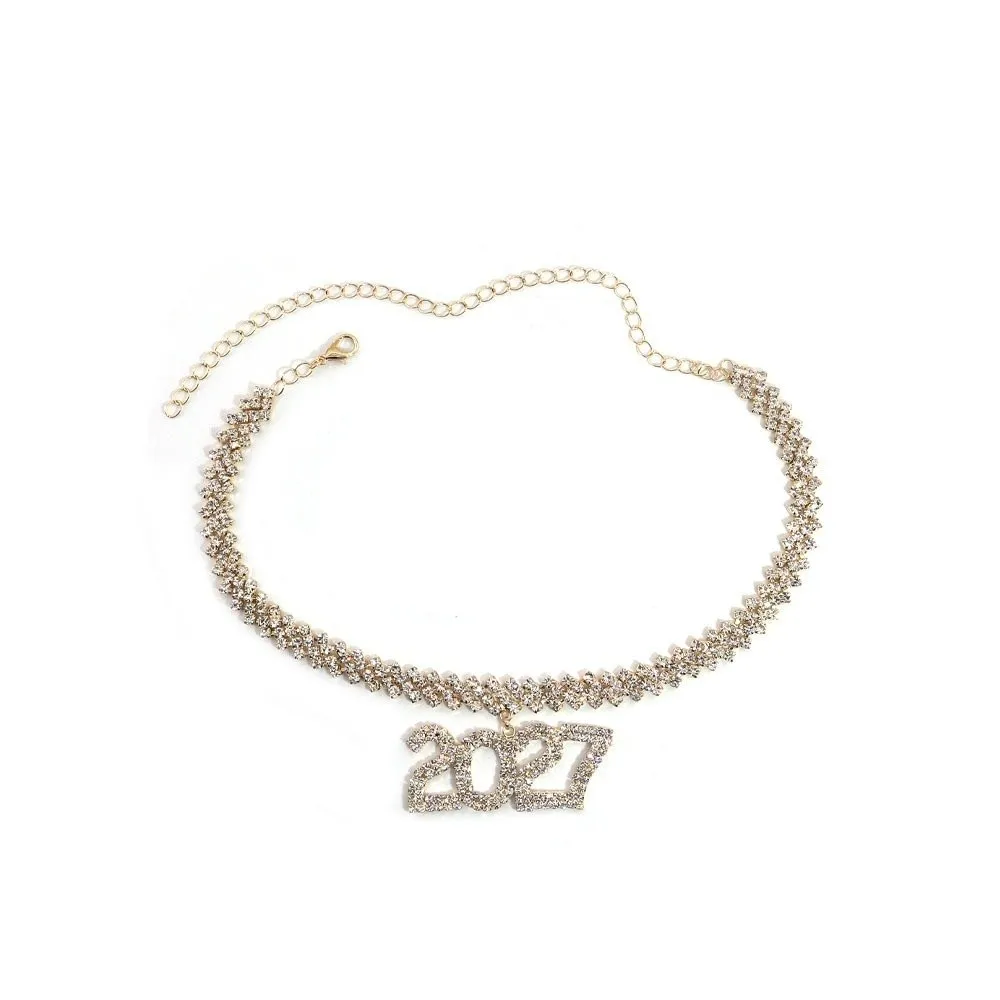 Elegant 2027 Digital Necklace Number Pendant Luxurious Happy New Year Necklace Shiny Rhinestone Collarbone Chain Choker