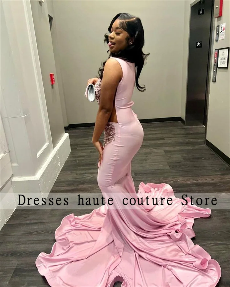 Luxury Pink Mermaid Prom Dresses 2025 For Black Girls  Beading Crystal Rhinestones Evening Dress Party Gowns Birthday Customized