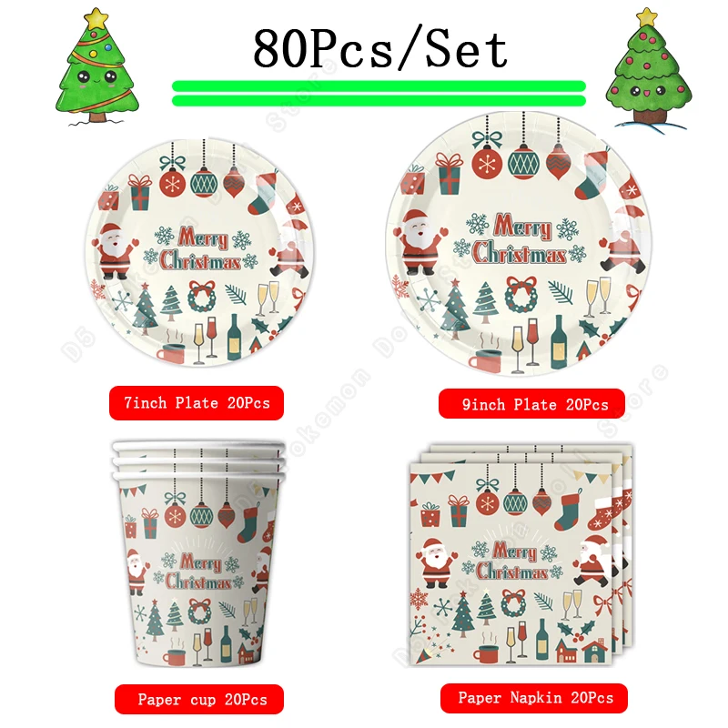 80Pcs/Set Christmas Tableware Kit Festive Party Supplies Plate Napkins Paper Cups Goodie Bag Christmas Party Decorations