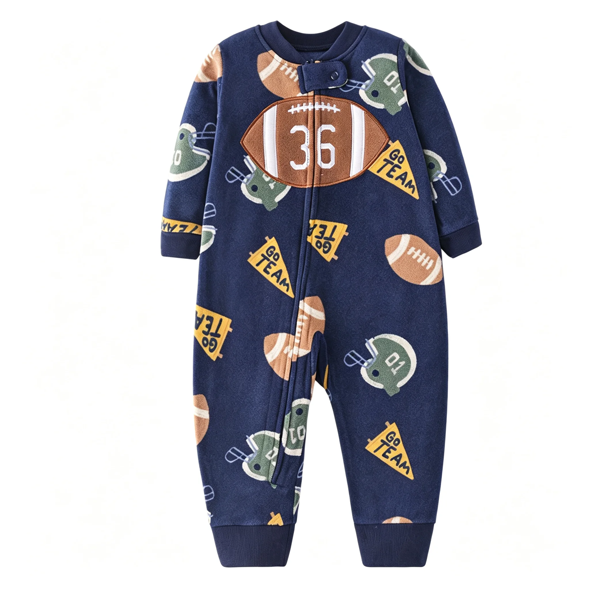 Baby Boys Polar Fleece Footless Romper American Football Print Long Sleeve Full Zip Jumpsuit 9-24M Infant Warm One Piece Outfit