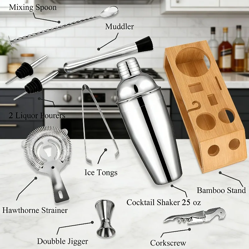 10Pcs Minimal Stainless Steel Cocktail Shaker Bar Kit Complete Mixology Tools With Natural Bamboo Display Stand For Small Apartm
