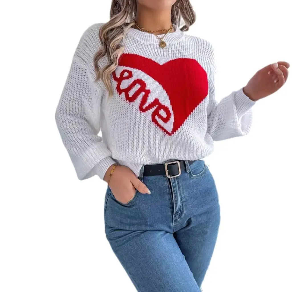 

Women's Long Sleeve Pullover Sweater Color Contrast Love Design Autumn Winter Leisure Fashion Online Sale