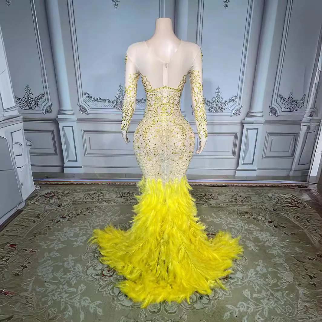 노란색 오라 퀸 깃털 과장된 무대 공연 드레스 레드 카펫 패션쇼 공연 드레스 Vestidos Para Festas De Luxo