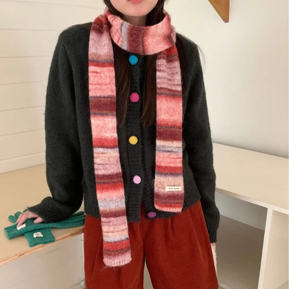 

Soft Korean Style Rainbow Striped Scarf Thickened Neck Warmer Cashmere Knitted Scarf Plush Windproof Winter Shawl Women
