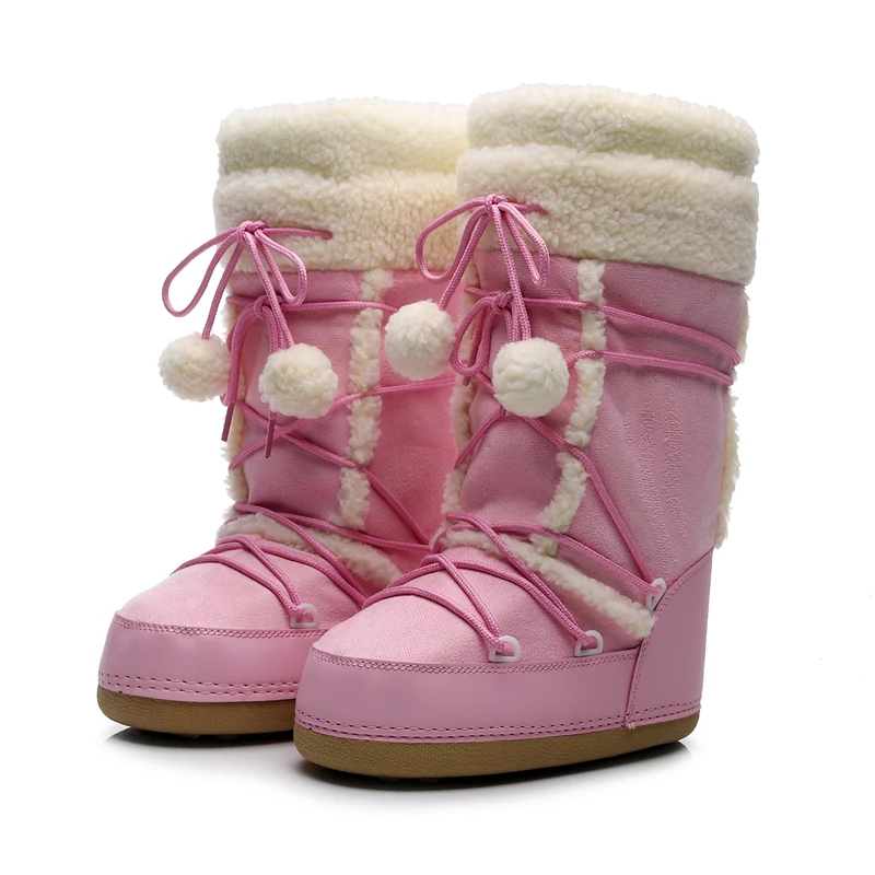 Pink Winter Boots Women Snow Boots Thick Sole Ski Boots Warm Mid-calf Space Boots Slip-resistant Cotton Shoes Free Ship