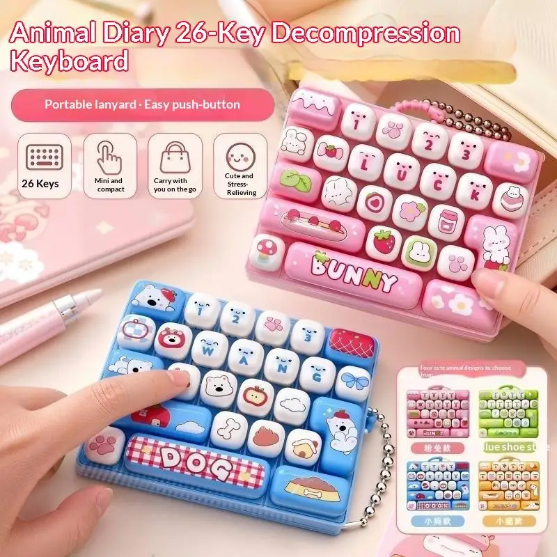 Cute 26 Grid Keycap Keychain Cartoon Animal Diary Pattern Stress Relief Accessory for School Bag Gift