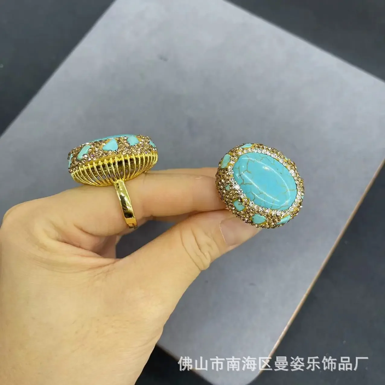 Factory direct sales turquoise ring inlaid with gravel 18K real gold color retention electroplating live ring accessories hot-se